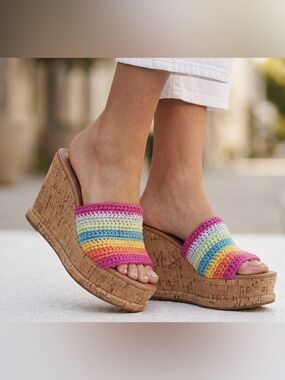SCHUTZ Dalle Platform Cork Wedge Sandal Multicolor Crochet Strap Size 9.5